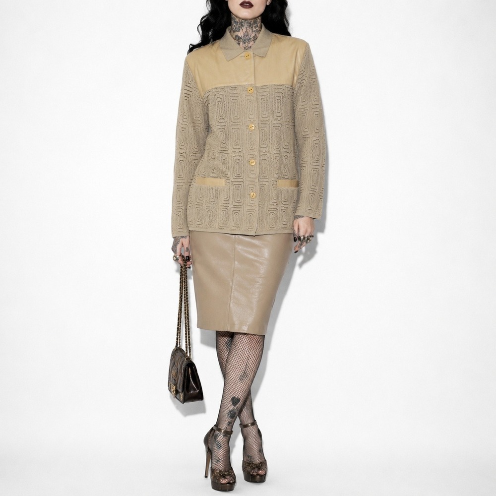 Vintage Leather Panel Lace Jacket Womens L Tan Mixed Media Abstract Top Torras
